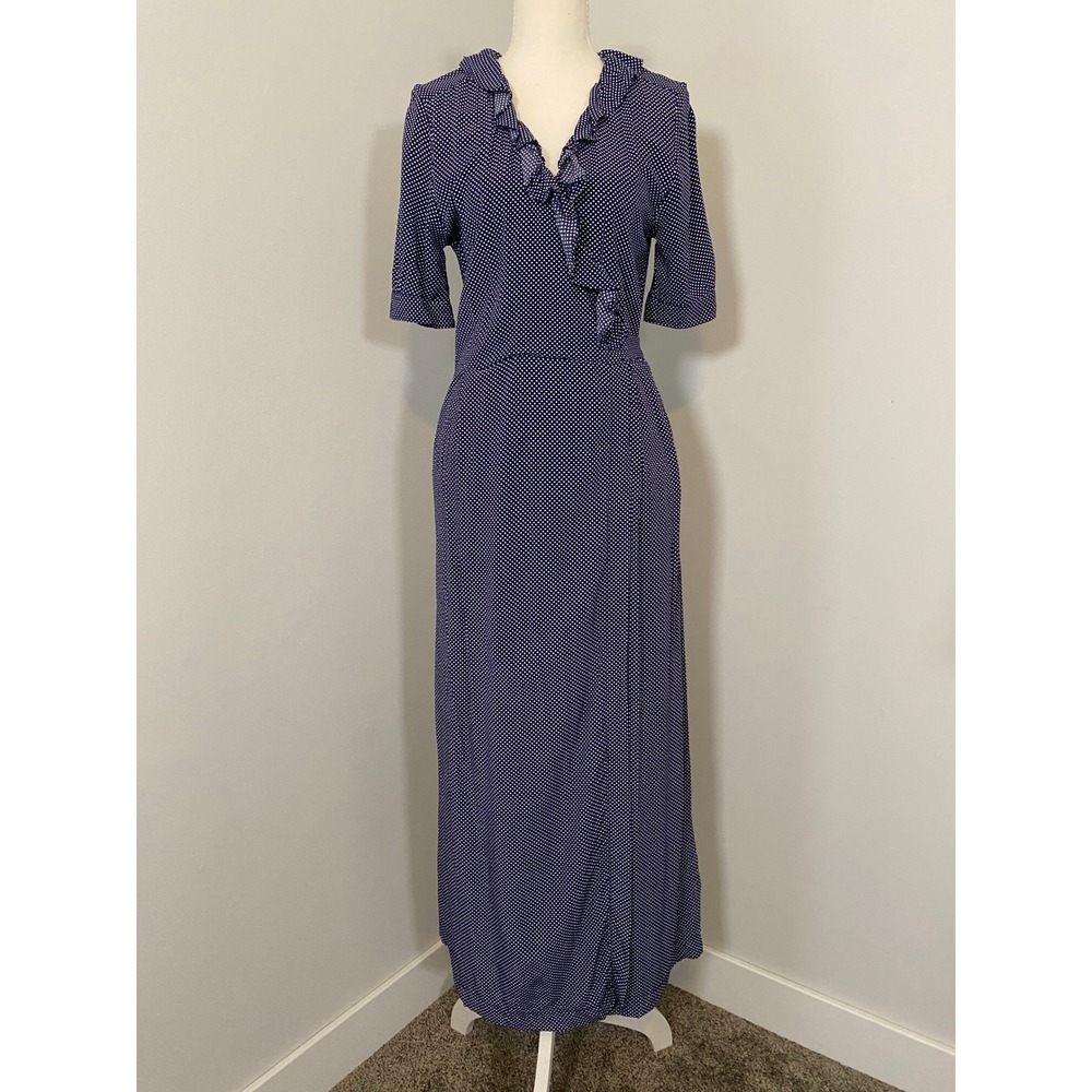 Uniqlo Ines De La Fressange Dress Sz XXS Blue Polka Dot Ruffle Wrap Rockabilly
